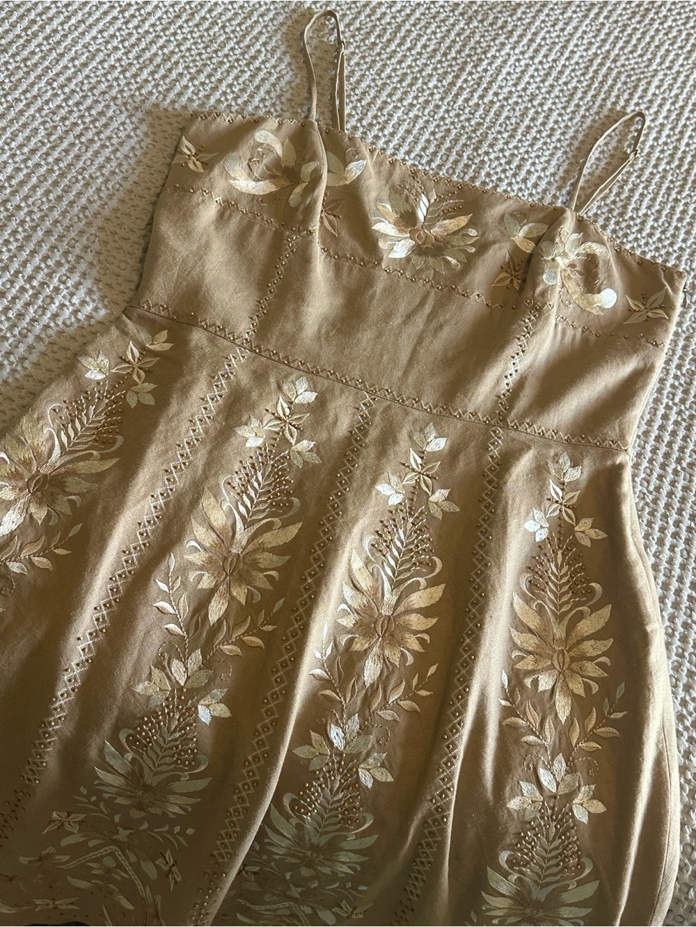 ANTONIO MELANI  Linen Blend Tan Embroider Dress. Size 10 - Picture 2 of 14